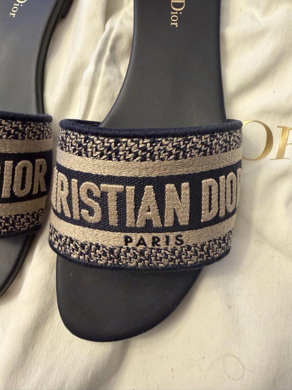 Dior Navy Blue Slide Sandals with Beige Logo Strap - Picture 2 of 5